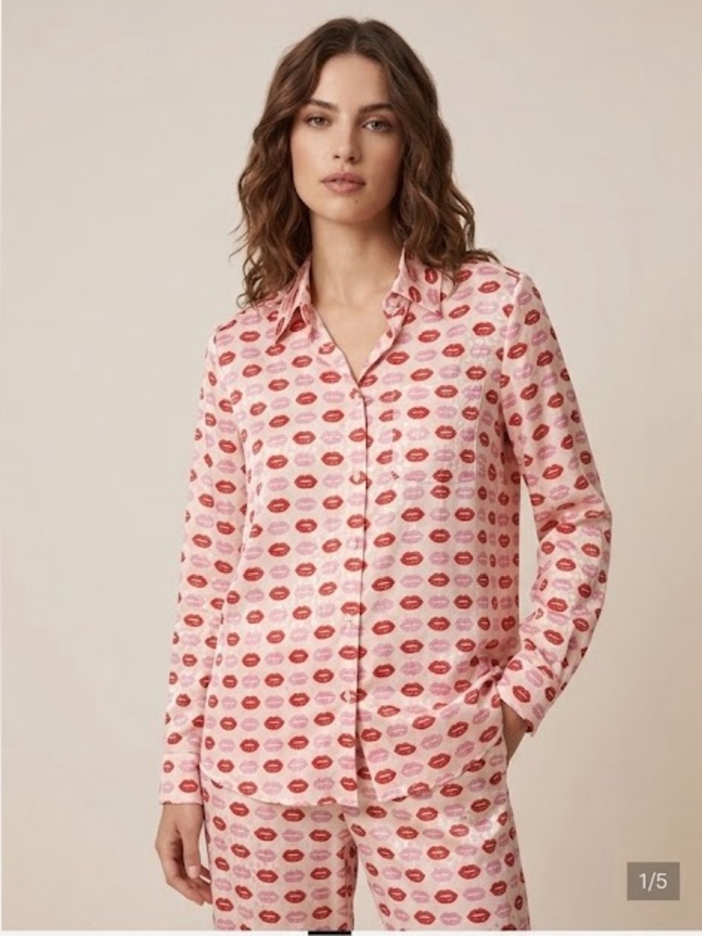 MARELLA / lip print pajama style button down pink Silk Blouse Size 42 Medium